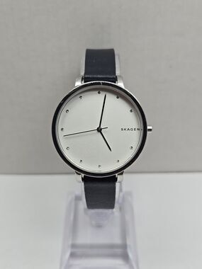 Skagen Hagen Womens 34mm Classic Watch Silver Tone Black Leather New Battery